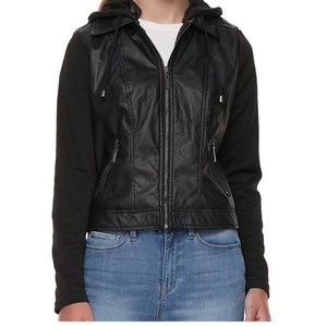 Juniors Knit Sleeve Hood Faux Leather Jacket